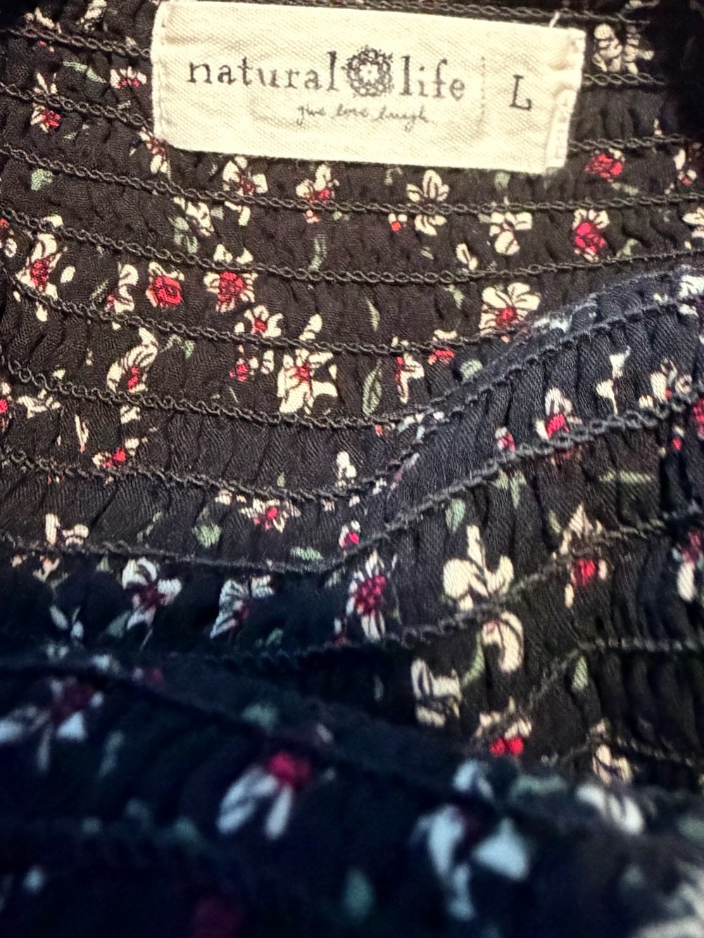 NATURAL LIFE Black Floral Smocked Midi Dress, Like New, Large - Picture 3 of 3